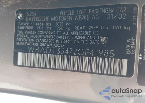 2002 BMW 525 from USA, damaged, VIN WBADT33472GF41985